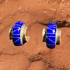 Sterling Silver Lapis Inlay Small Hoops Stamped CS
